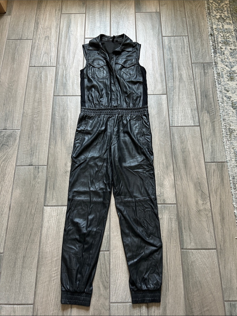 BCBGMaxAzria Sleeveless Black Faux Leather Jumpsuit